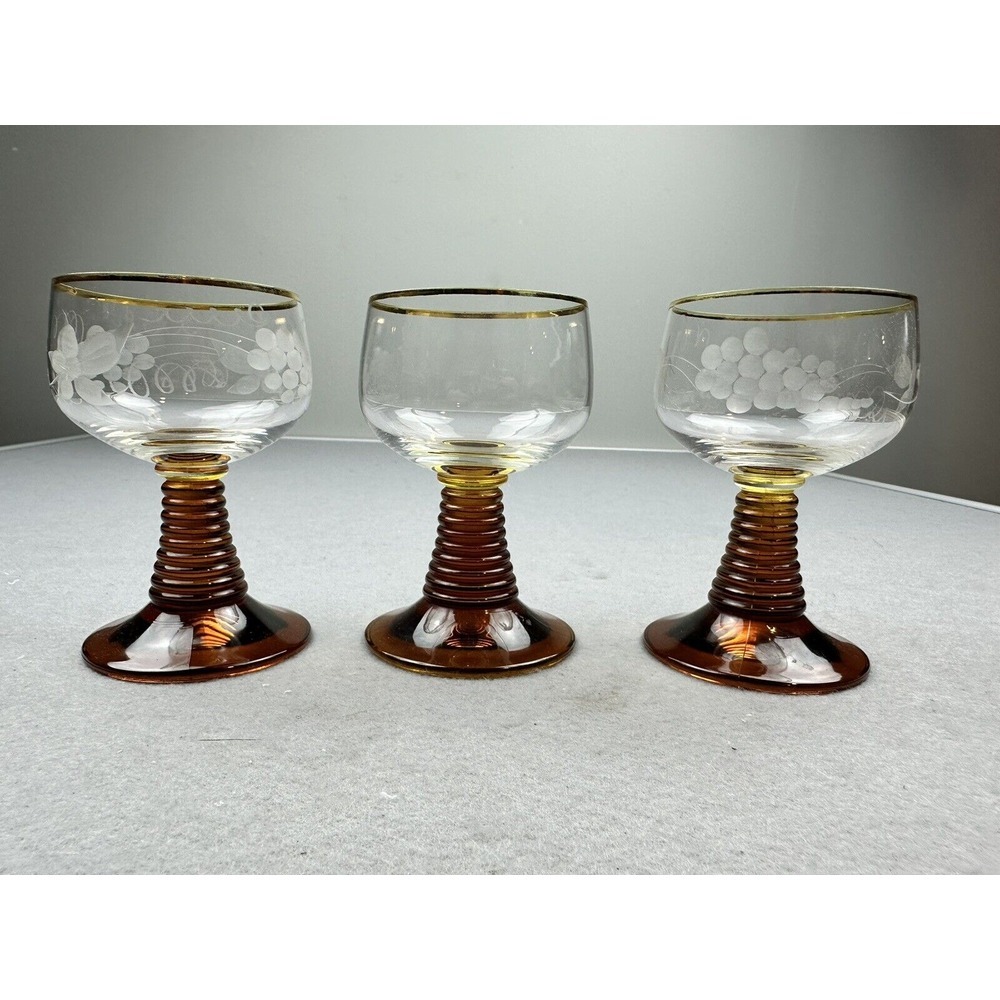 Vintage German Roemar Wine Goblets Amber Beehive Stem Frosted Design Set Of 3